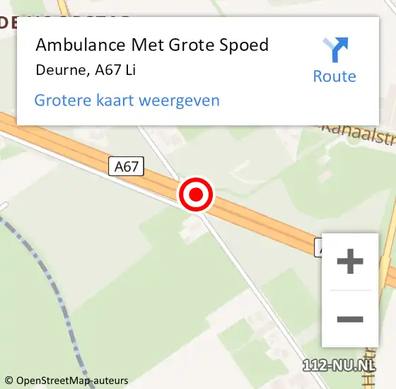Locatie op kaart van de 112 melding: Ambulance Met Grote Spoed Naar Deurne, A67 Li hectometerpaal: 53,1 op 17 mei 2016 15:51