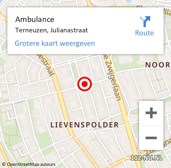 Locatie op kaart van de 112 melding: Ambulance Terneuzen, Julianastraat op 18 mei 2016 12:16