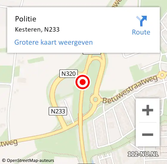 Locatie op kaart van de 112 melding: Politie Kesteren, N233 op 19 mei 2016 07:14