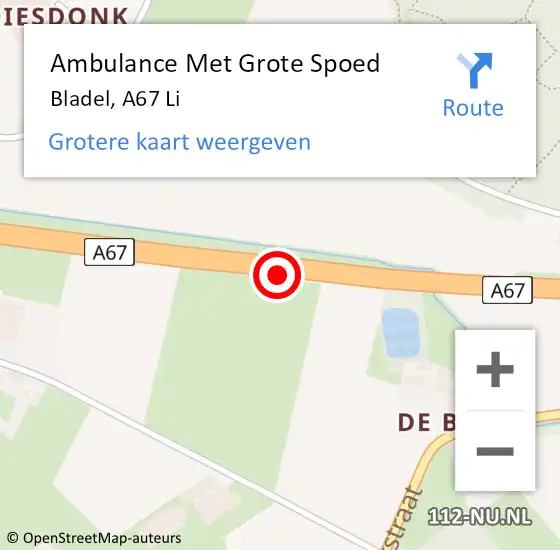 Locatie op kaart van de 112 melding: Ambulance Met Grote Spoed Naar Deurne, A67 L op 19 mei 2016 08:45