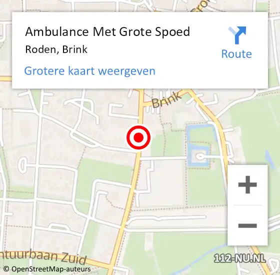 Locatie op kaart van de 112 melding: Ambulance Met Grote Spoed Naar Roden, Brink op 21 mei 2016 04:32