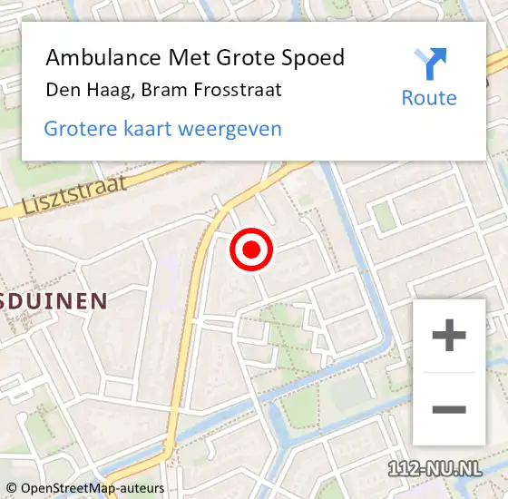 Locatie op kaart van de 112 melding: Ambulance Met Grote Spoed Naar Den Haag, Bram Frosstraat op 21 mei 2016 13:35