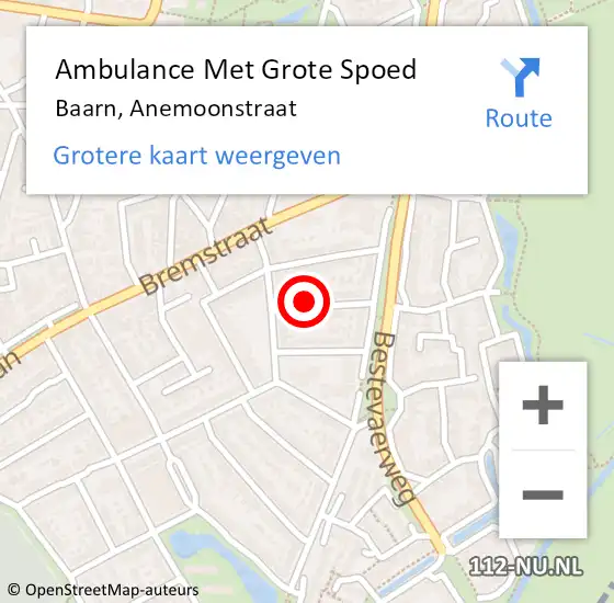 Locatie op kaart van de 112 melding: Ambulance Met Grote Spoed Naar Baarn, Anemoonstraat op 22 mei 2016 03:58