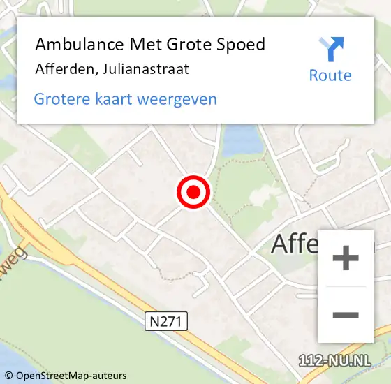 Locatie op kaart van de 112 melding: Ambulance Met Grote Spoed Naar Afferden, Julianastraat op 22 mei 2016 06:41