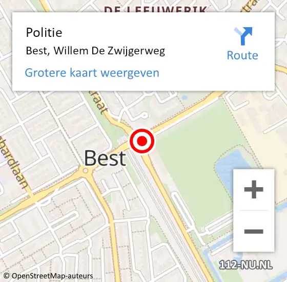 Locatie op kaart van de 112 melding: Politie Best, Willem d. Zwijgerweg op 22 mei 2016 14:25