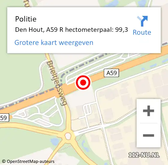 Locatie op kaart van de 112 melding: Politie Den Hout, A59 R hectometerpaal: 99,3 op 23 mei 2016 08:10