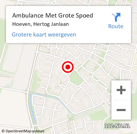 Locatie op kaart van de 112 melding: Ambulance Met Grote Spoed Naar Hoeven, Hertog Janlaan op 23 mei 2016 11:57