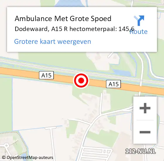Locatie op kaart van de 112 melding: Ambulance Met Grote Spoed Naar Dodewaard, A15 L hectometerpaal: 146,2 op 23 mei 2016 14:12