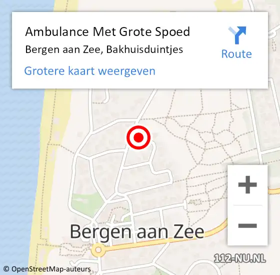 Locatie op kaart van de 112 melding: Ambulance Met Grote Spoed Naar Bergen aan Zee, Bakhuisduintjes op 24 mei 2016 09:56