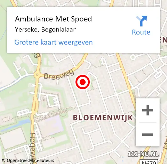 Locatie op kaart van de 112 melding: Ambulance Met Spoed Naar Yerseke, Begonialaan op 24 mei 2016 10:51