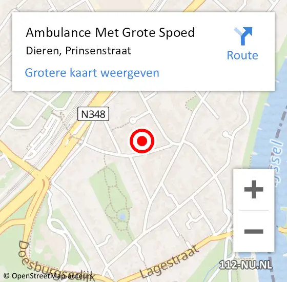 Locatie op kaart van de 112 melding: Ambulance Met Grote Spoed Naar Dieren, Prinsenstraat op 24 mei 2016 13:20