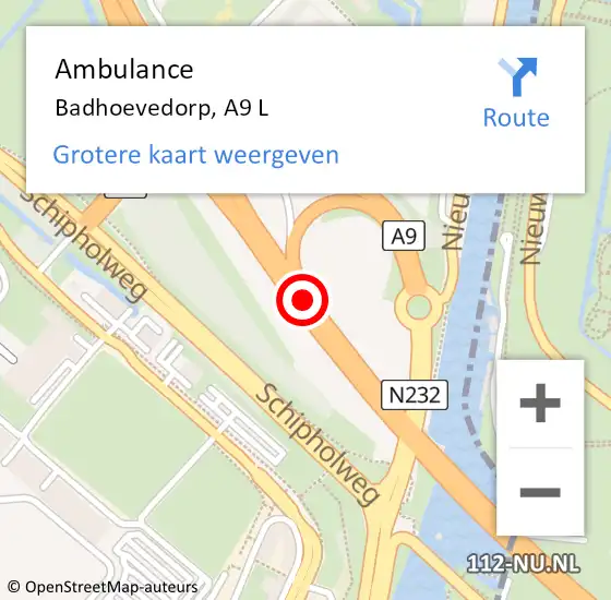 Locatie op kaart van de 112 melding: Ambulance Badhoevedorp, A9 L op 24 mei 2016 18:39