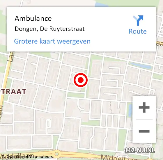 Locatie op kaart van de 112 melding: Ambulance Dongen, De Ruyterstraat op 25 mei 2016 09:55