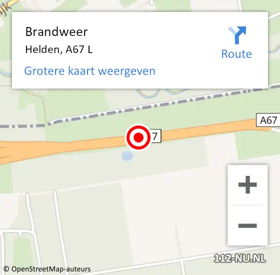 Locatie op kaart van de 112 melding: Brandweer Helden, A67 L op 26 mei 2016 01:33