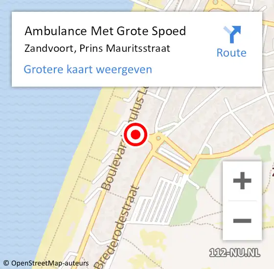 Locatie op kaart van de 112 melding: Ambulance Met Grote Spoed Naar Zandvoort, Prins Mauritsstraat op 26 mei 2016 11:56