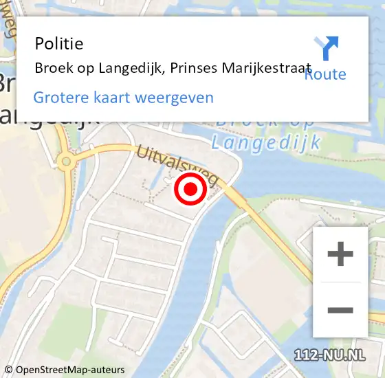 Locatie op kaart van de 112 melding: Politie Broek op Langedijk, Prinses Marijkestraat op 26 mei 2016 21:23