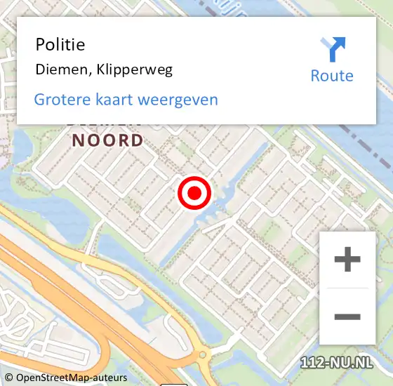 Locatie op kaart van de 112 melding: Politie Diemen, Klipperweg op 27 mei 2016 22:38