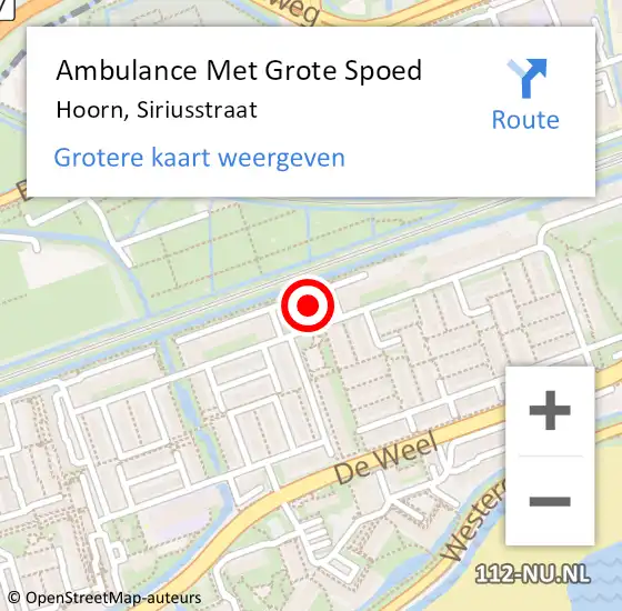 Locatie op kaart van de 112 melding: Ambulance Met Grote Spoed Naar Hoorn, Siriusstraat op 29 mei 2016 00:33