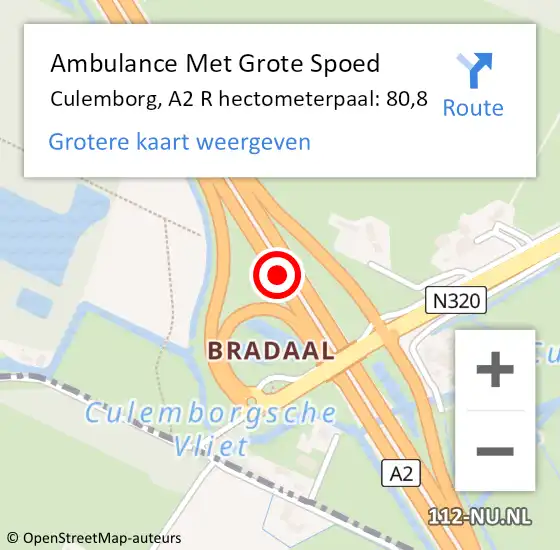 Locatie op kaart van de 112 melding: Ambulance Met Grote Spoed Naar Culemborg, A2 R hectometerpaal: 81,4 op 29 mei 2016 01:06