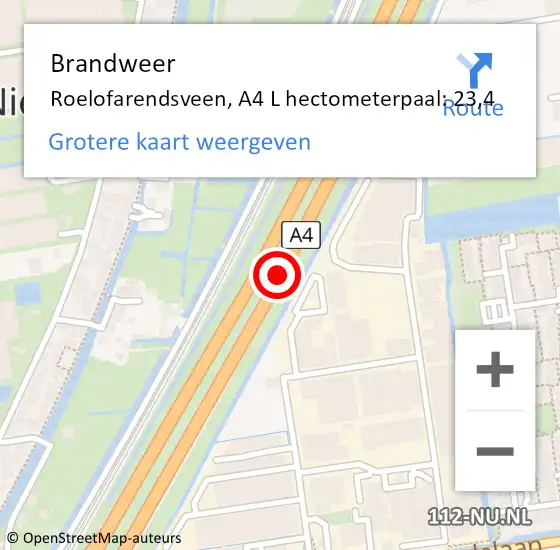 Locatie op kaart van de 112 melding: Brandweer Roelofarendsveen, A4 R hectometerpaal: 25,3 op 29 mei 2016 01:28