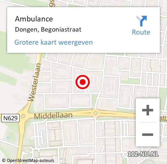 Locatie op kaart van de 112 melding: Ambulance Dongen, Begoniastraat op 29 mei 2016 15:04