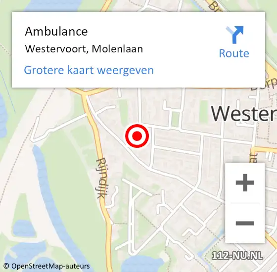 Locatie op kaart van de 112 melding: Ambulance Westervoort, Molenlaan op 31 mei 2016 10:53