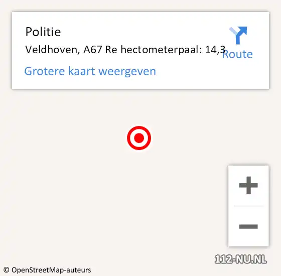 Locatie op kaart van de 112 melding: Politie Veldhoven, A67 Re hectometerpaal: 14,3 op 31 mei 2016 15:37