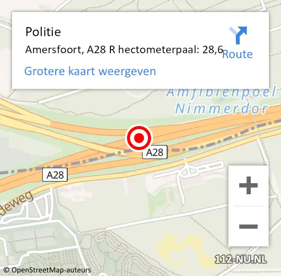 Locatie op kaart van de 112 melding: Politie Amersfoort, A28 R hectometerpaal: 28,0 op 31 mei 2016 17:19