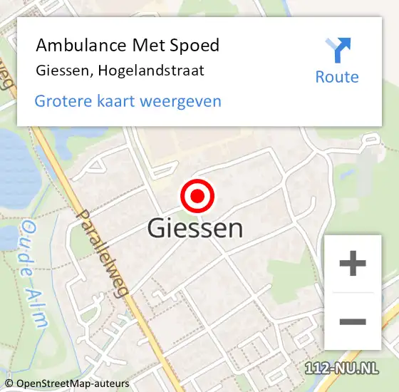 Locatie op kaart van de 112 melding: Ambulance Met Spoed Naar Giessen, Hogelandstraat op 1 juni 2016 16:18