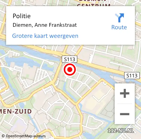 Locatie op kaart van de 112 melding: Politie Diemen, Anne Frankstraat op 2 juni 2016 08:09