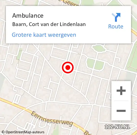 Locatie op kaart van de 112 melding: Ambulance Baarn, Cort van der Lindenlaan op 2 juni 2016 09:32