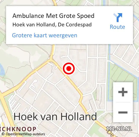 Locatie op kaart van de 112 melding: Ambulance Met Grote Spoed Naar Hoek van Holland, De Cordespad op 2 juni 2016 10:16