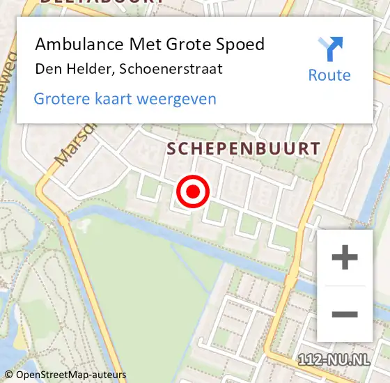 Locatie op kaart van de 112 melding: Ambulance Met Grote Spoed Naar Den Helder, Schoenerstraat op 3 juni 2016 13:06