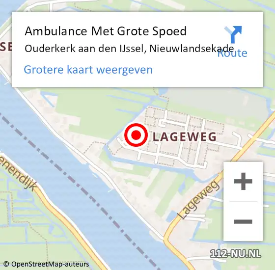Locatie op kaart van de 112 melding: Ambulance Met Grote Spoed Naar Ouderkerk aan den IJssel, Nieuwlandsekade op 3 juni 2016 18:12