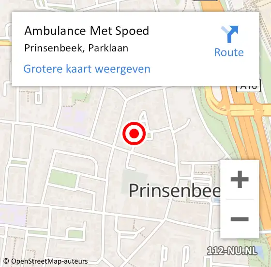Locatie op kaart van de 112 melding: Ambulance Met Spoed Naar Prinsenbeek, Parklaan op 6 juni 2016 03:44