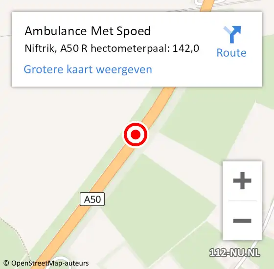 Locatie op kaart van de 112 melding: Ambulance Met Spoed Naar Niftrik, A50 R hectometerpaal: 142,0 op 6 juni 2016 10:52