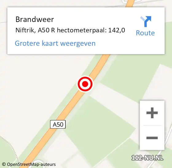 Locatie op kaart van de 112 melding: Brandweer Niftrik, A50 R hectometerpaal: 142,0 op 6 juni 2016 10:54