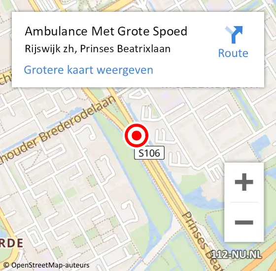 Locatie op kaart van de 112 melding: Ambulance Met Grote Spoed Naar Rijswijk zh, Prinses Beatrixlaan op 6 juni 2016 16:38