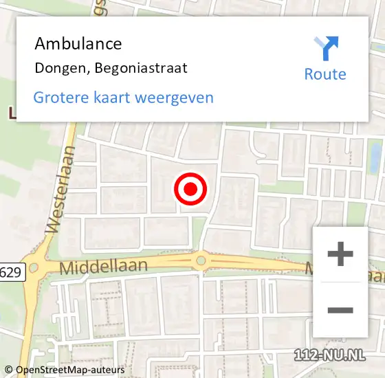 Locatie op kaart van de 112 melding: Ambulance Dongen, Begoniastraat op 7 juni 2016 17:09