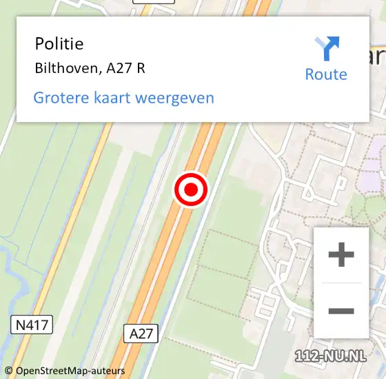 Locatie op kaart van de 112 melding: Politie Bilthoven, A27 L hectometerpaal: 86,6 op 9 juni 2016 07:27