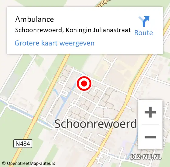 Locatie op kaart van de 112 melding: Ambulance Schoonrewoerd, Koningin Julianastraat op 9 juni 2016 15:35