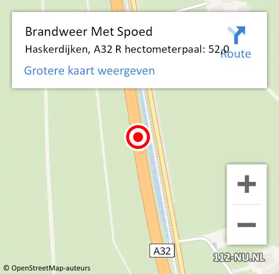 Locatie op kaart van de 112 melding: Brandweer Met Spoed Naar Haskerdijken, A32 R hectometerpaal: 52,0 op 9 juni 2016 16:44