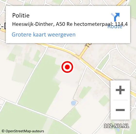 Locatie op kaart van de 112 melding: Politie Heeswijk-Dinther, A50 Re hectometerpaal: 114,4 op 9 juni 2016 18:29