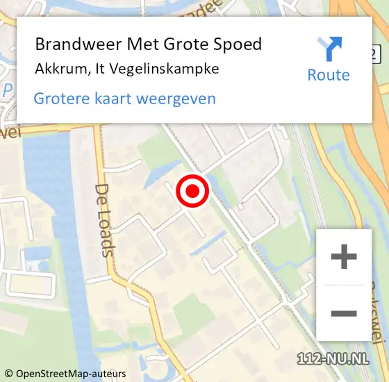 Locatie op kaart van de 112 melding: Brandweer Met Grote Spoed Naar Akkrum, It Vegelinskampke op 11 juni 2016 10:48