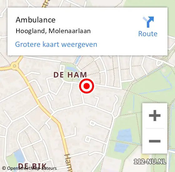 Locatie op kaart van de 112 melding: Ambulance Hoogland, Molenaarlaan op 18 december 2013 04:11