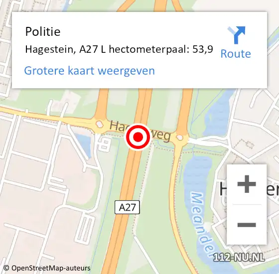 Locatie op kaart van de 112 melding: Politie Hagestein, A27 L hectometerpaal: 53,9 op 13 juni 2016 17:24