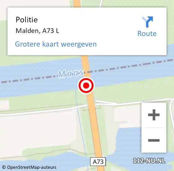 Locatie op kaart van de 112 melding: Politie Malden, A73 L op 18 december 2013 08:08
