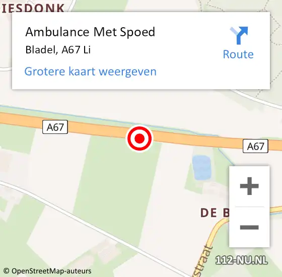 Locatie op kaart van de 112 melding: Ambulance Met Spoed Naar Someren, A67 Li hectometerpaal: 37,2 op 14 juni 2016 07:23