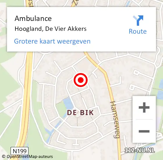 Locatie op kaart van de 112 melding: Ambulance Hoogland, De Vier Akkers op 15 juni 2016 02:28