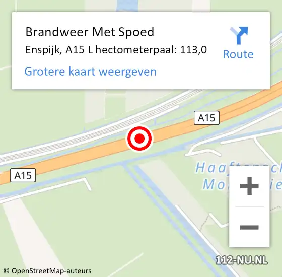 Locatie op kaart van de 112 melding: Brandweer Met Spoed Naar Enspijk, A15 L hectometerpaal: 113,8 op 16 juni 2016 17:51